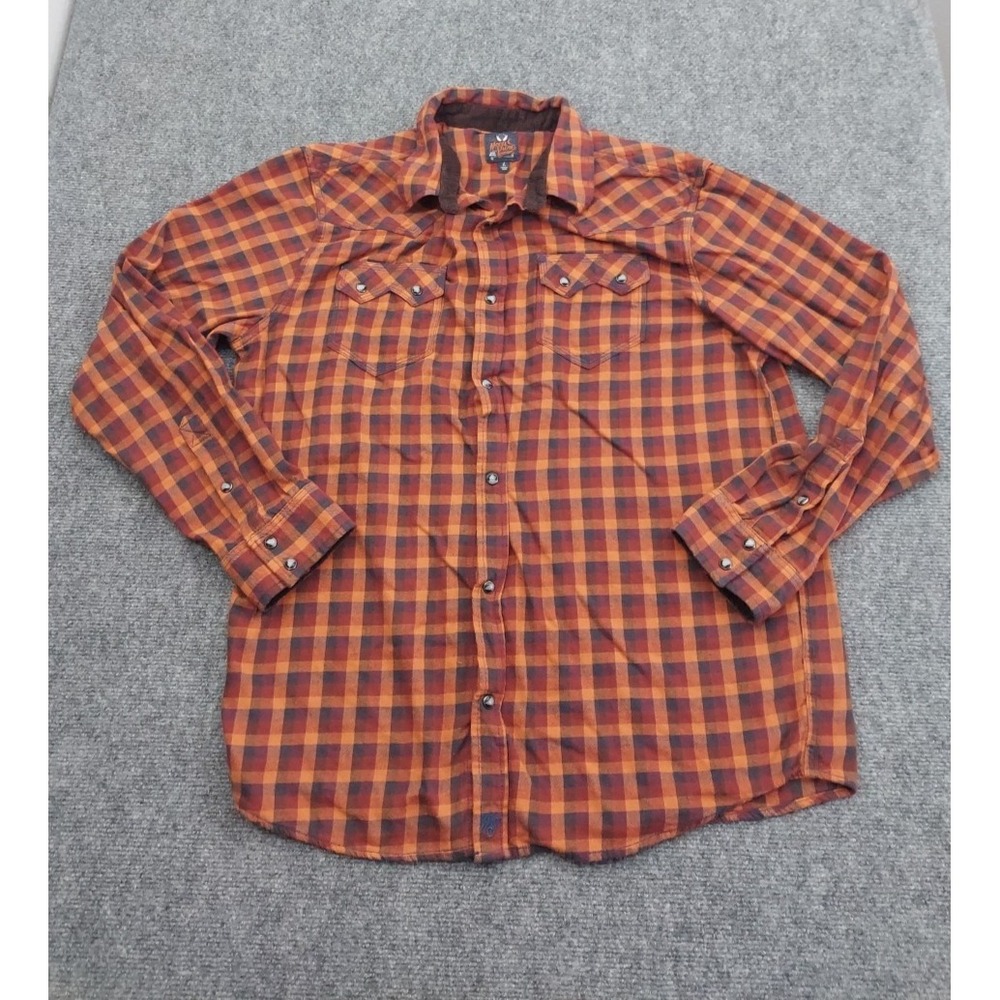 Moonshine Spirit Western Flannel Shirt‎ Large Orange Plaid Sawtooth Pearl Snaps